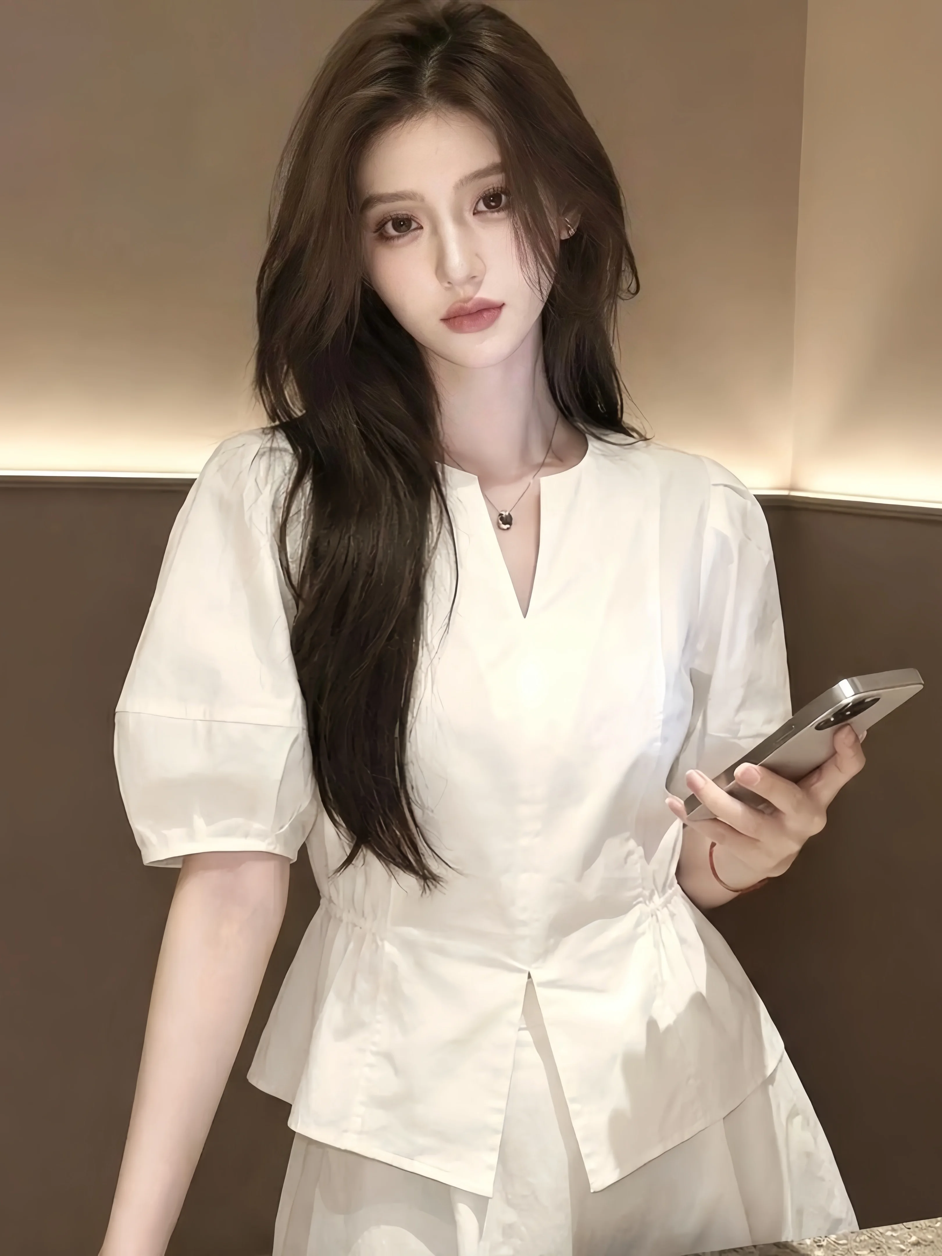 Elegant V-Neck Bubble Sleeve White Shirt Short Sleeve Fashion Design Youthful French Style Breathable Casual Women's Top