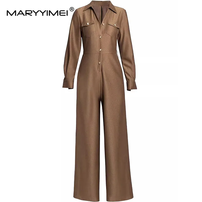 MARYYIMEI Women's Autumn and winter Turn-Down Collar Long-Sleeved Single-breasted Wide leg pants Fashion Jumpsuits With Belt