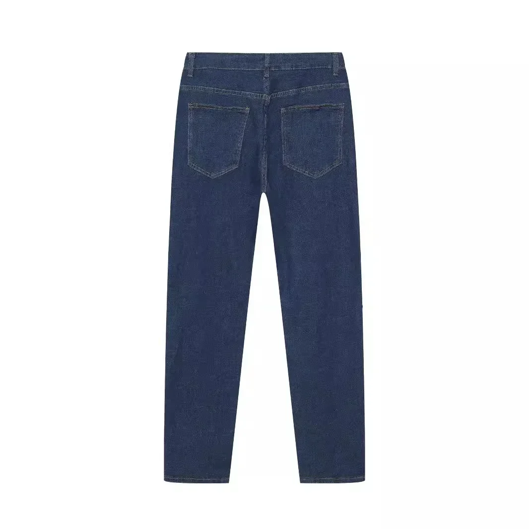 ตรงกางเกงยีนส์ผู้ชายฤดูใบไม้ร่วง Vintage Casual Denims สีทึบกลางเอวพื้นฐานข้อเท้าความยาวกางเกงยีนส์ยืดกางเกงดินสอ