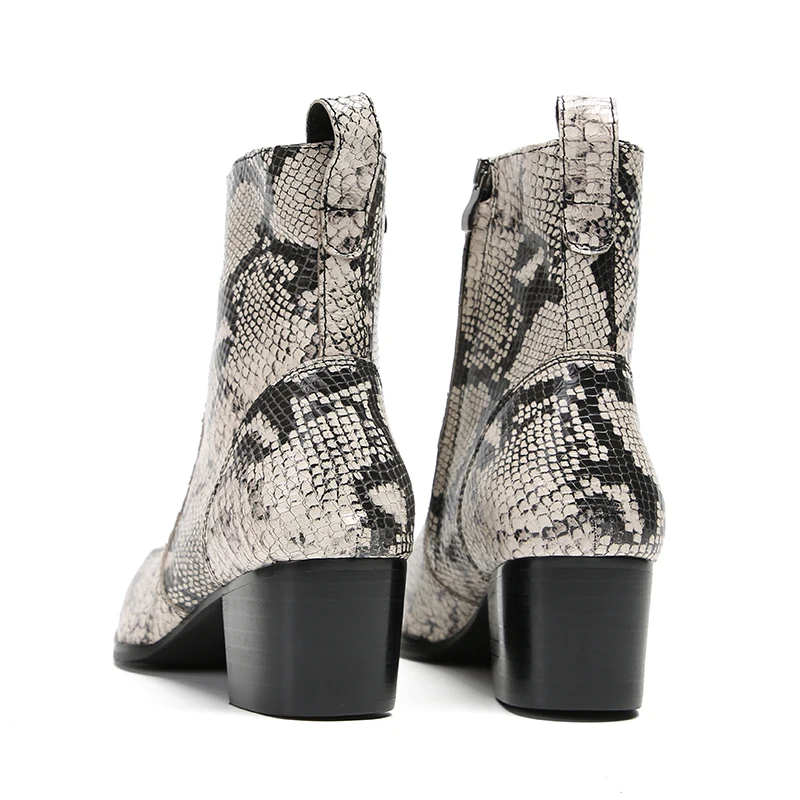 

AA Vintage Snakeskin Print Ankle Boots For Men Pointed Toe Block High Heel Side Zipper Western Cowboy Dress Booties Size37-47