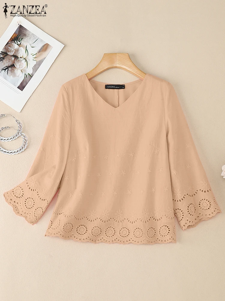 

ZANZEA 2025 Осенняя элегантная женская блузка из 100% хлопка, рубашки с рукавами 3/4, повседневные полые повседневные модные топы, туника Blusas Femme