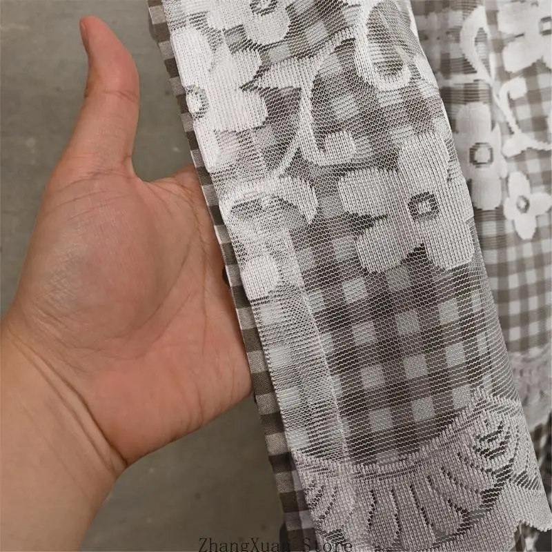 Short Drape Curtain Panel with Gingham Trim for Bath and Cabinet 3XUF