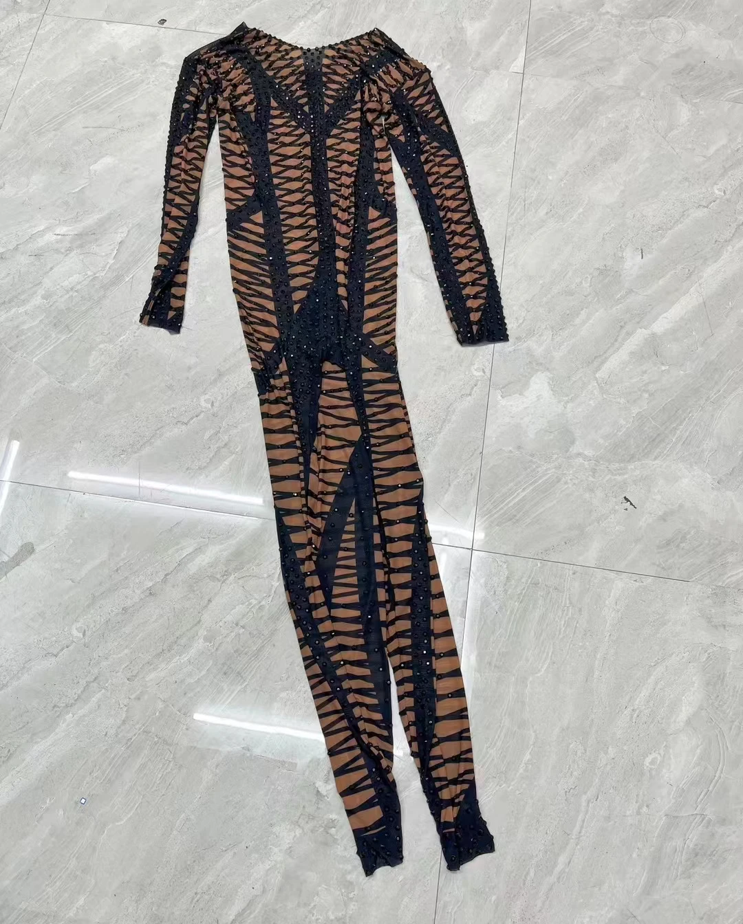 Frauen Sexy Schwarz Strass Streifen Drucken Overall Geburtstag Party Strampler Pole Dance Sänger Bühne Leistung Kostüm Clubwear