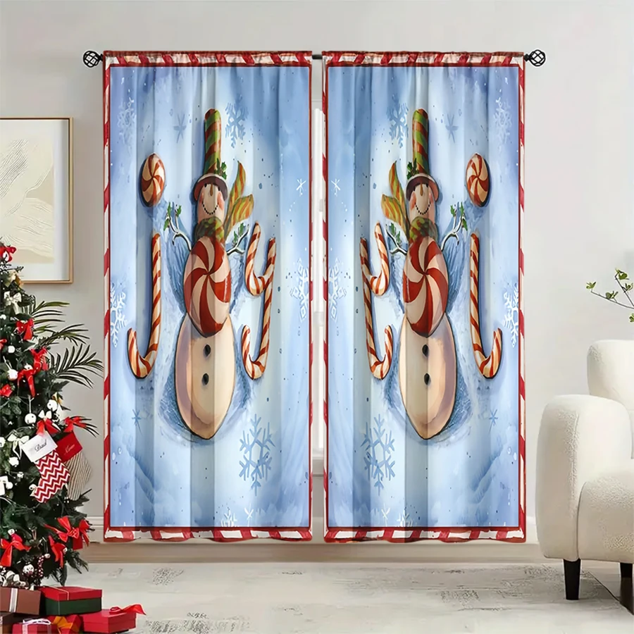 2PCS Christmas Winter Curtains, Candy Cane Snowman Joy Letter Blue Border, Digital Print, Bedroom Living Room, Home Decor