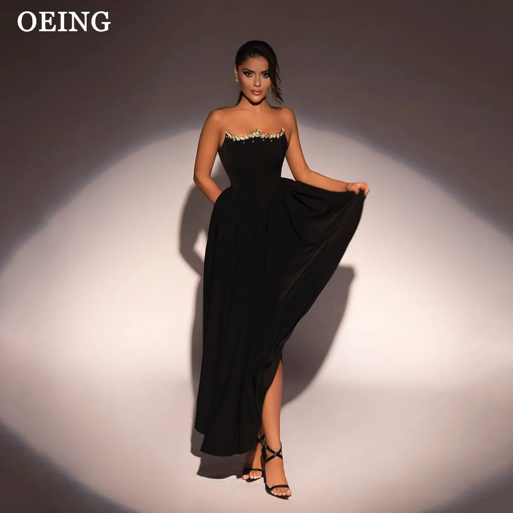 OEING Modern Black Evening Dresses Simple Strapless Velvet Ankle Length High Waist Pleated Party Prom Gowns Vestidos De Noche