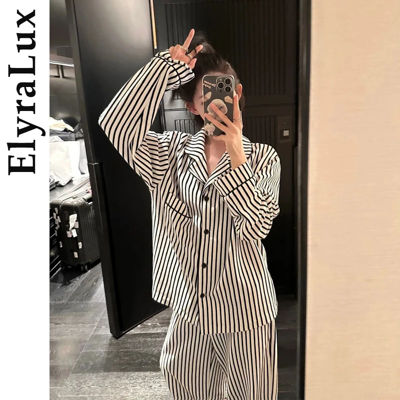 

ElyraLux Women's Spring Autumn Simple Black White Stripe Long Sleeve Sets Korean Style Pants Two-Piece Set Girl's Homewaer Suit