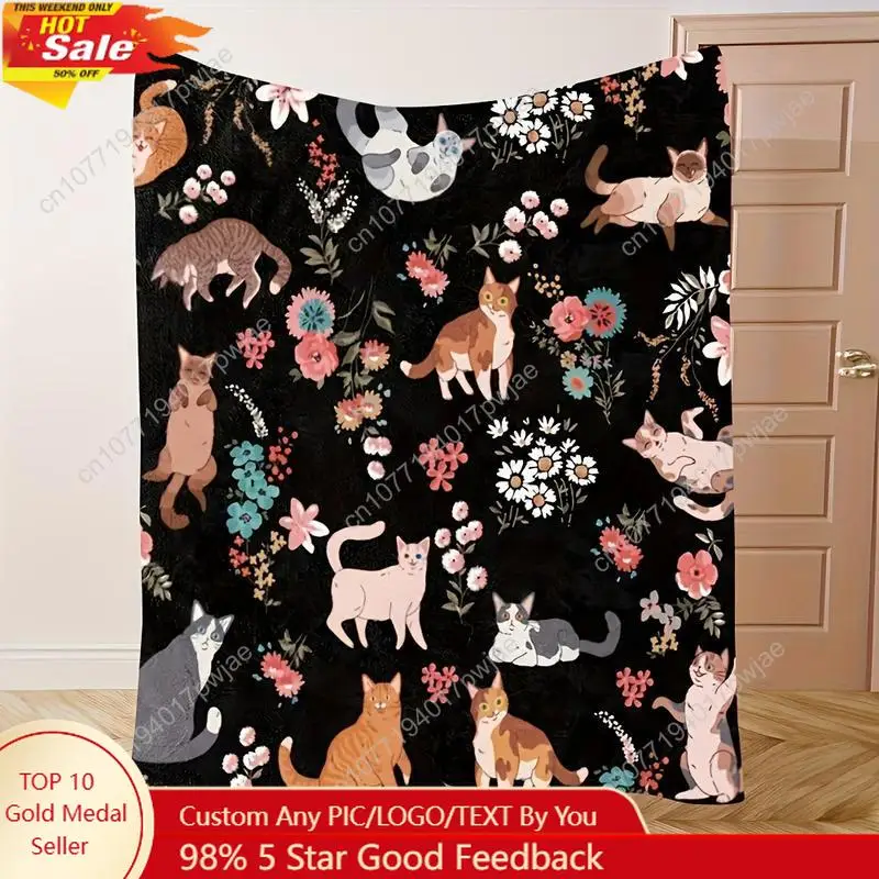 

1pc Vintage Floral & Cat Print Flannel Blanket – Soft, Lightweight, All-Season Throw for Sofa, Bed, or Travel – Black Background