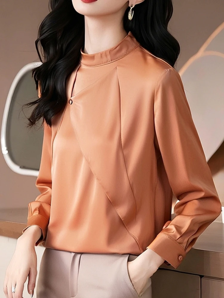 

Однотонный топ свободного кроя из ацетатного атласа и ледяного шелка с круглым вырезом и длинными рукавами, комфортный, приятный для кожи, в корейском стиле