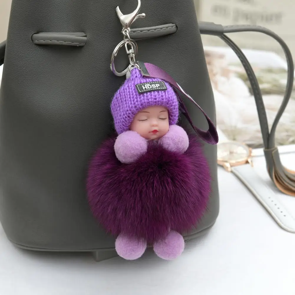 Pompom Sleeping Baby Keychain Cute Fluffy Plush Doll Fashion Keyholder Women Girl Bags Keyring Cars Key Ring Charming Decoration