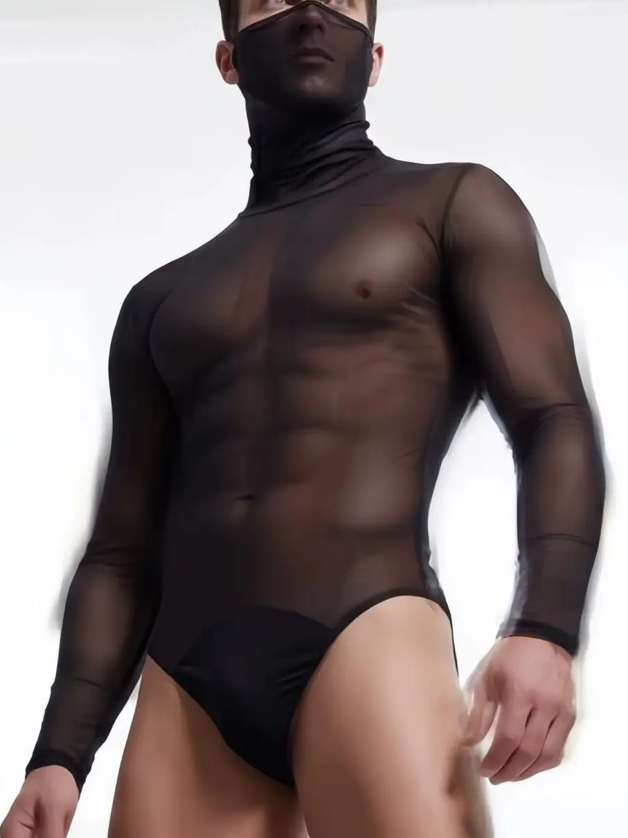 Turtleneck Long Sleeve Mesh See Through Catsuit Button Crotch Bodysuit Tights Sexy Body Teddies Leotard Untiard Shaping Shirts