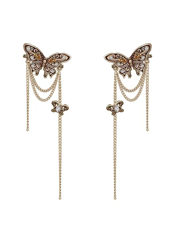 Nostalgic series retro American metal wind butterfly earrings light luxury fringed stud earrings