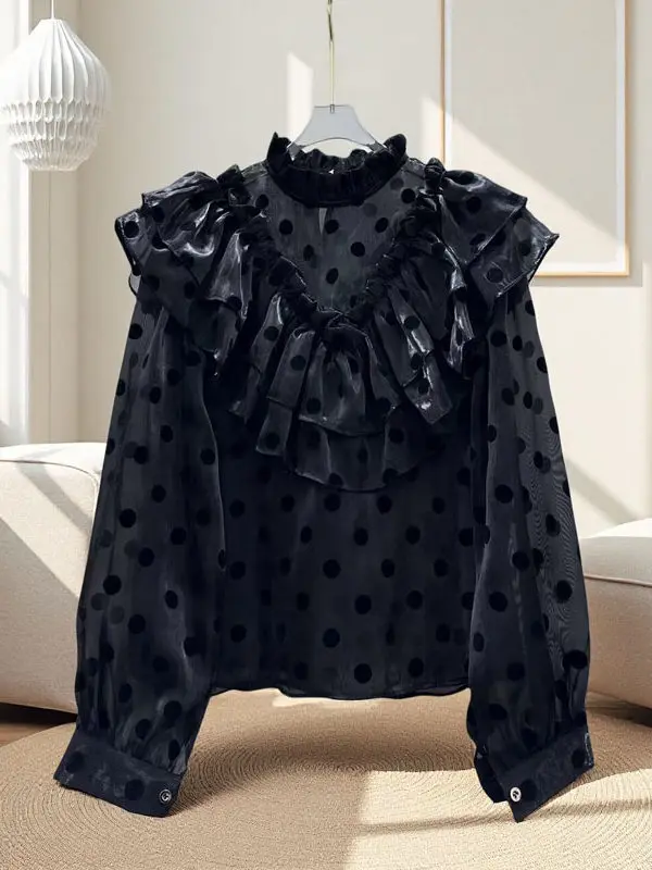 빈티지 러플 스탠드 칼라 폴카 도트 여성 셔츠 2026 새로운 봄 한국 스타일 우아한 루즈 슬리밍 긴팔 탑