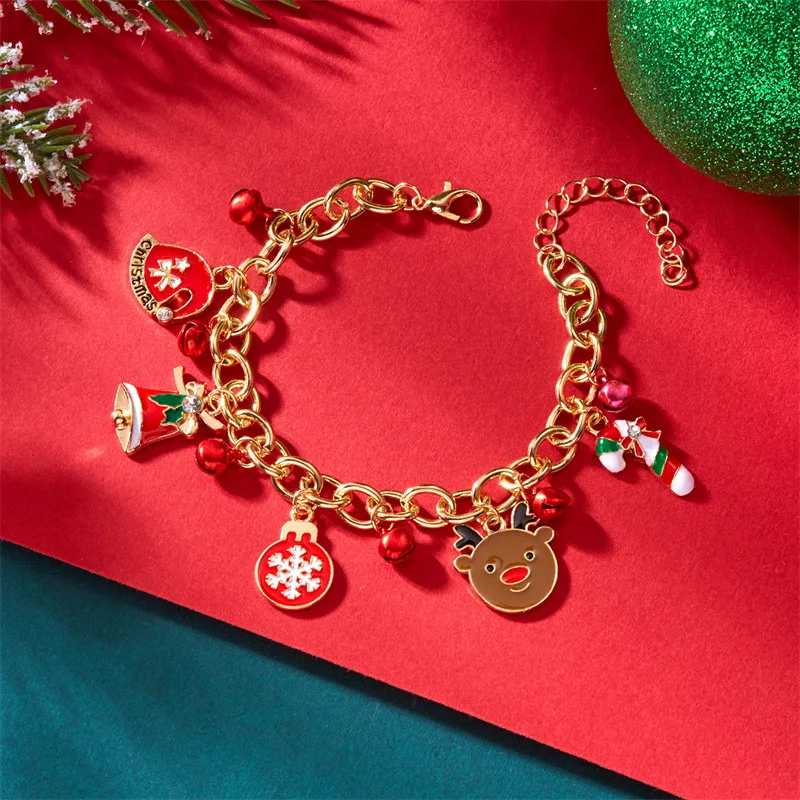 Christmas Alloy Charm Bracelet, Enamel Design Santa & Elk Decor Bracelet, Holiday Gift Hand Jewelry