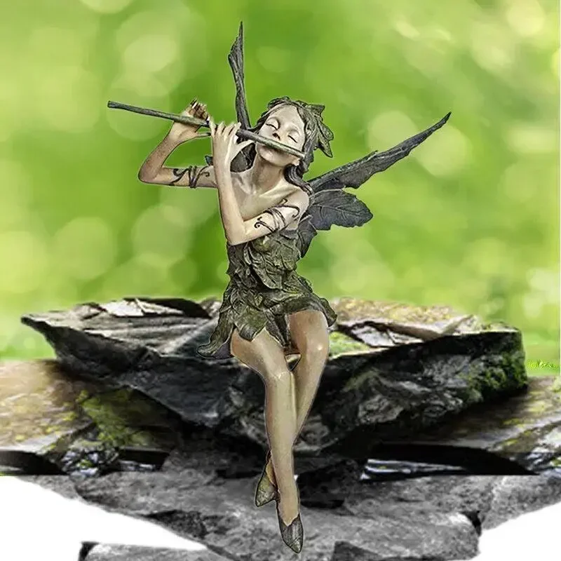 Flute Fairy Sitting Statue Flutes Elf Resin Statue Garden Decor Wing Figurine Fairy Sculpture Angel Ornament Patio Accessories