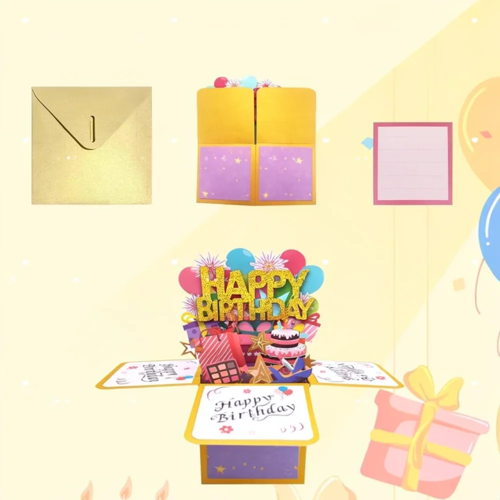 Handmade 3D Birthday Greeting Card Pop Up Gift Box Laser Cut Glitter Paper Craft Decorative Gift For Party Decor