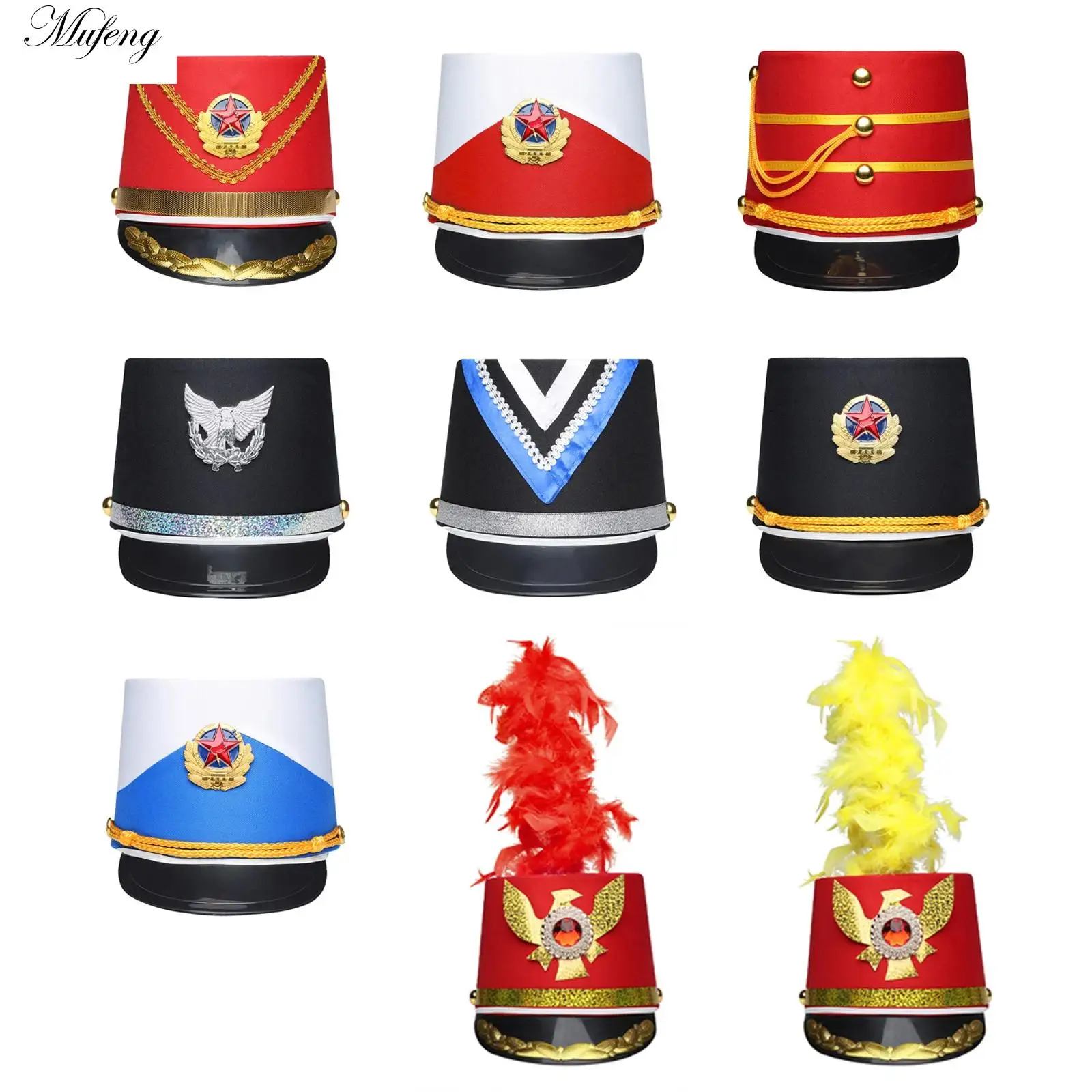 56-60cm Drum Band Major Hat Stage Performance Soldier Confetti Cap Hat Marching Band Drummer Cosplay Predator Costume Cap Hat