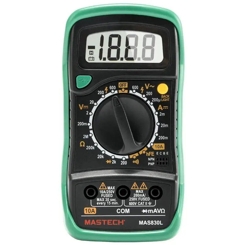 

MASTECH MAS830L Mini Handheld LCD Display Digital Multimeter DC Current Tester Backlight Data Hold Continuity Diode hFE Test