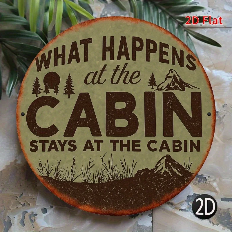 مسطح ثنائي الأبعاد، قطعة واحدة من فن الحائط للمقصورة الريفية - "ماذا يحدث في المقصورة يبقى في المقصورة" علامة حديدية بتصميم جبل وشجرة صنوبر #1