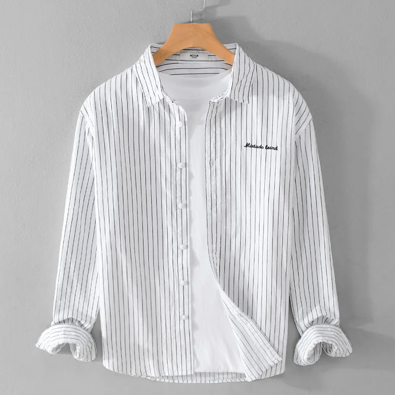 

Spring Autumn Men's Long Sve Embroidered Striped Loose Casual Cotton irt Youth Trendy Classic Fit Stand Sle Daily Wear