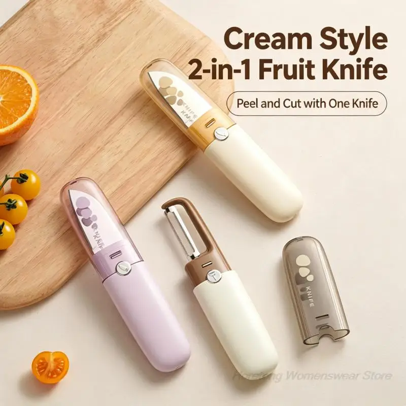 Portable 2 in 1 Fruit Knife Peeler Dual Head Stainless Steel Serrated Blade Multifunctional Kitchen Fruit Cutting Peeling Tool