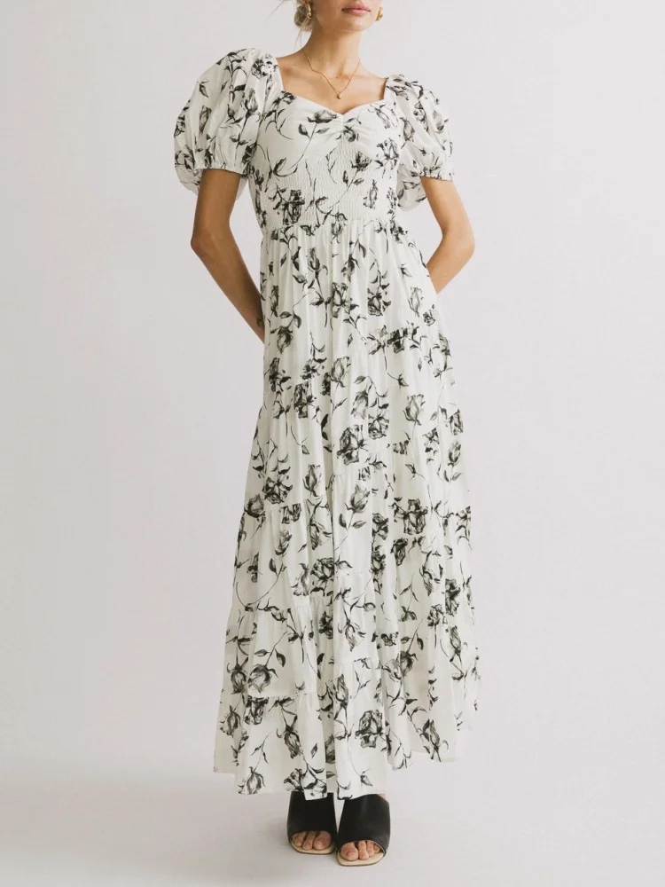 Mulher floral puff manga maxi vestido quadrado pescoço plissado vestidos longos fluidos boho em camadas uma linha vestido de verão