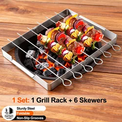 BBQ Skewer Rack Stainless Steel BBQ Metal Skewers Foldable Rotating Rotisserie Grill Rack with 6 Skewers for Shish Kebab