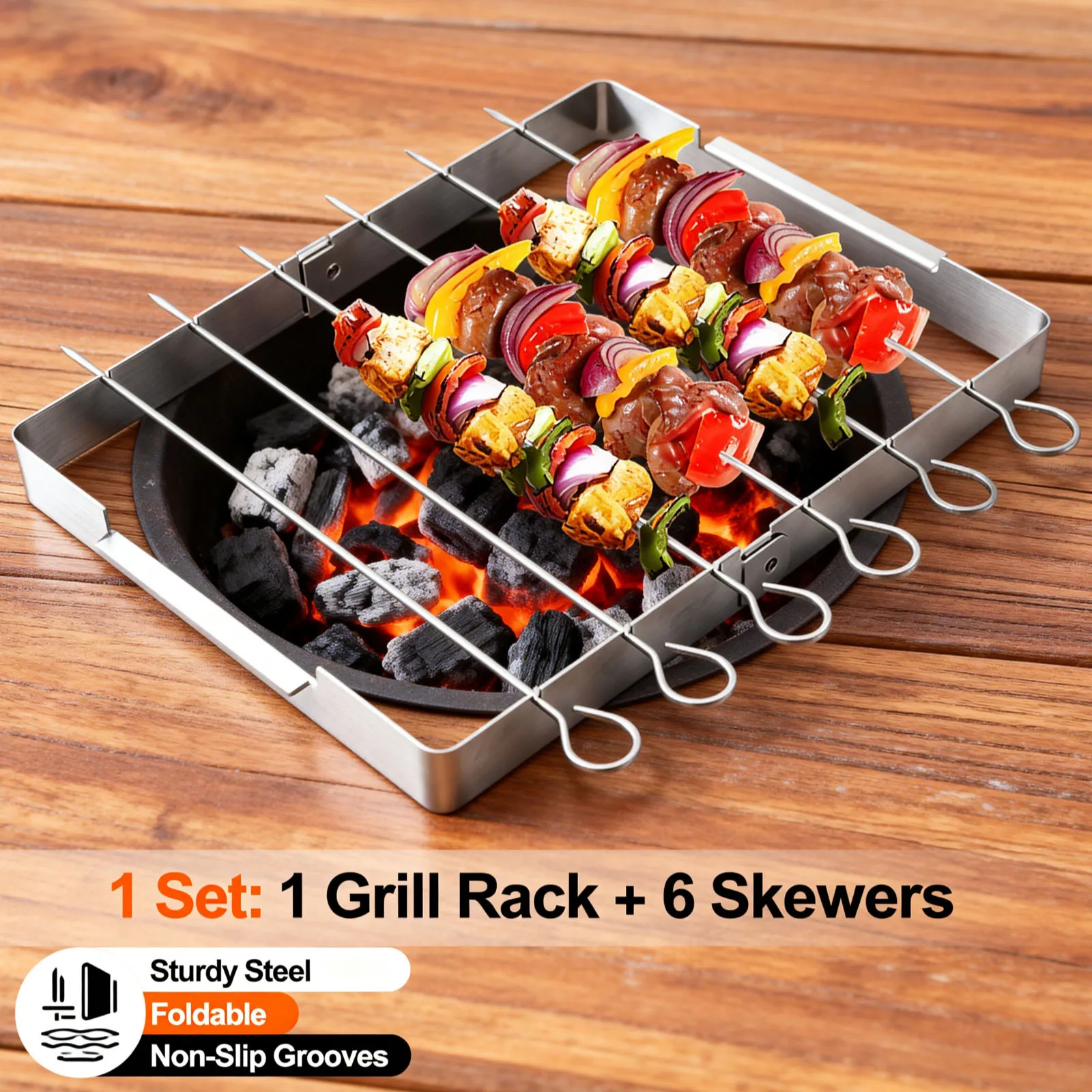BBQ Skewer Rack Stainless Steel BBQ Metal Skewers Foldable Rotating Rotisserie Grill Rack with 6 Skewers for Shish Kebab