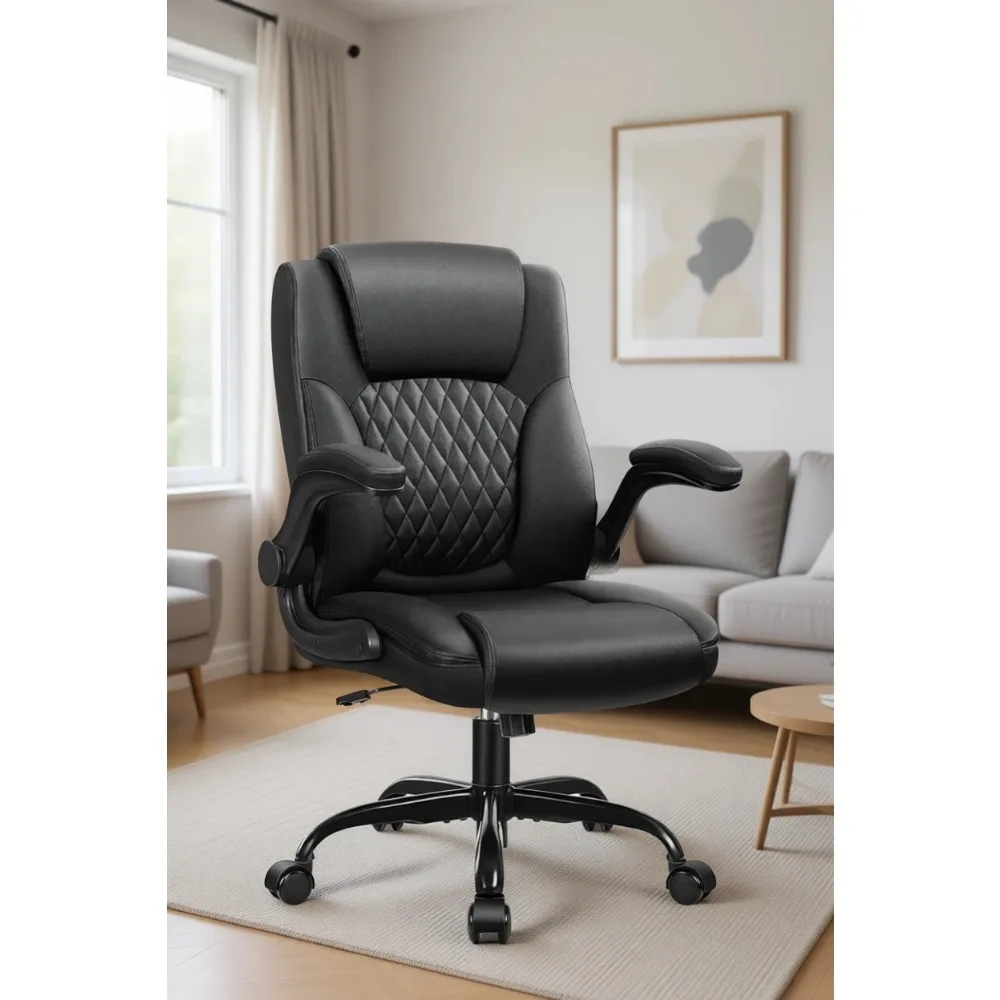 Ergonomic Leather Office Chair with 360° Swivel, Adjustable Armrests and Wheels for Comfortable Use