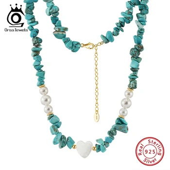 ORSA JEWELS 14K gold turquoise necklace 925 silver shell pearl heart pendant choker necklace for women neck chain jewelry GMN57