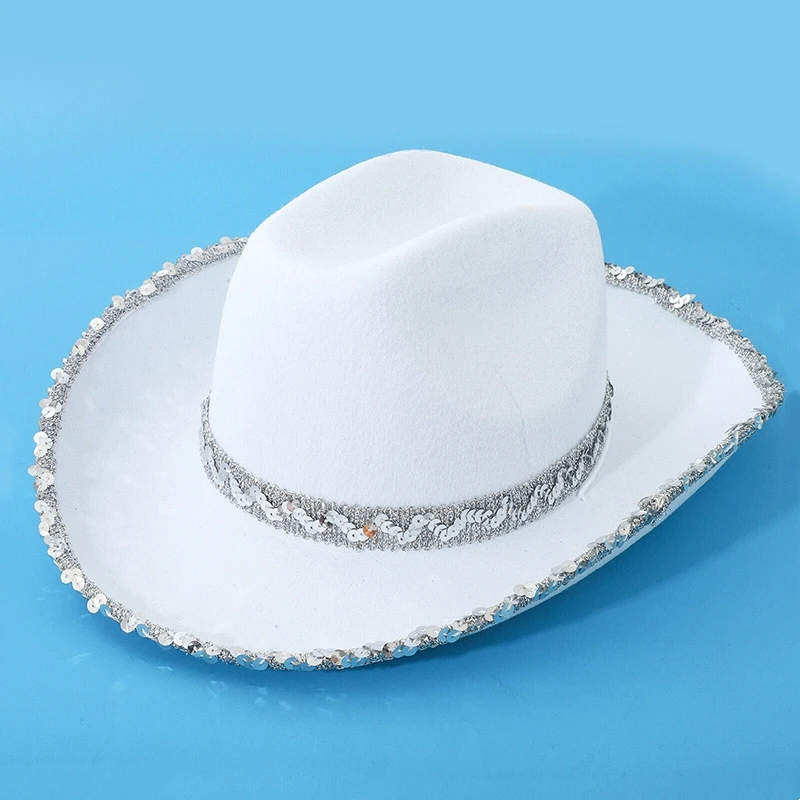 Sequin Trim Cowboy Hat for Women Men, Western Felt Cowgirl Hat, Sparkly Party Hat for Halloween Rodeo Music Festival