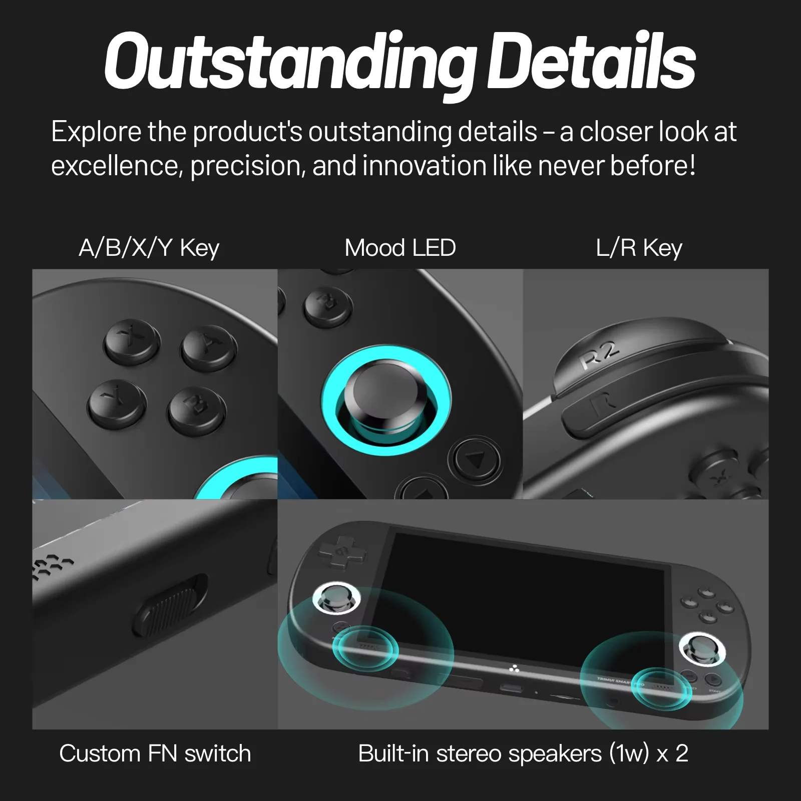 TRIMUI Smart Pro portable game console, featuring a 4.96-inch IPS screen, Linux system, game controller with RGB lighting