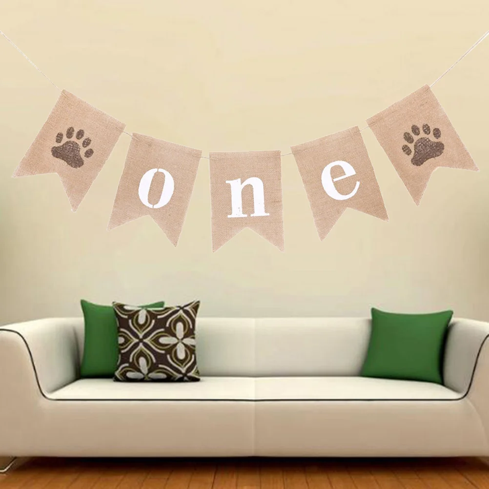 1pc 2m Pull Flag Birthday Party Decorations One Letter Pull Flag Linen Banner with Dog's Paw for Party