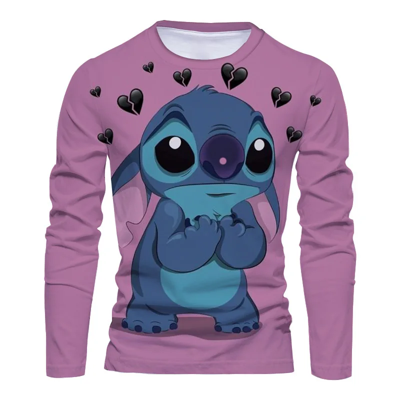 2022 New Fall Streetwear Disney Brand Stitch and Mickey Anime 3D Printing Casual Trend Men's Round Neck Long Sleeve T Shirt Y2K