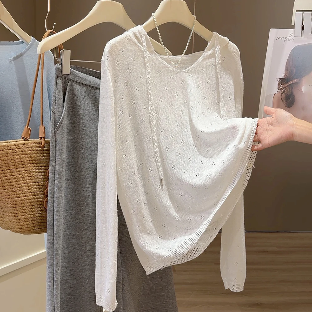 

Тонкий вязаный свитер с капюшоном и вырезами для женщин, весна-лето, с длинным рукавом, повседневный свободный пуловер в корейском стиле, топ-худи