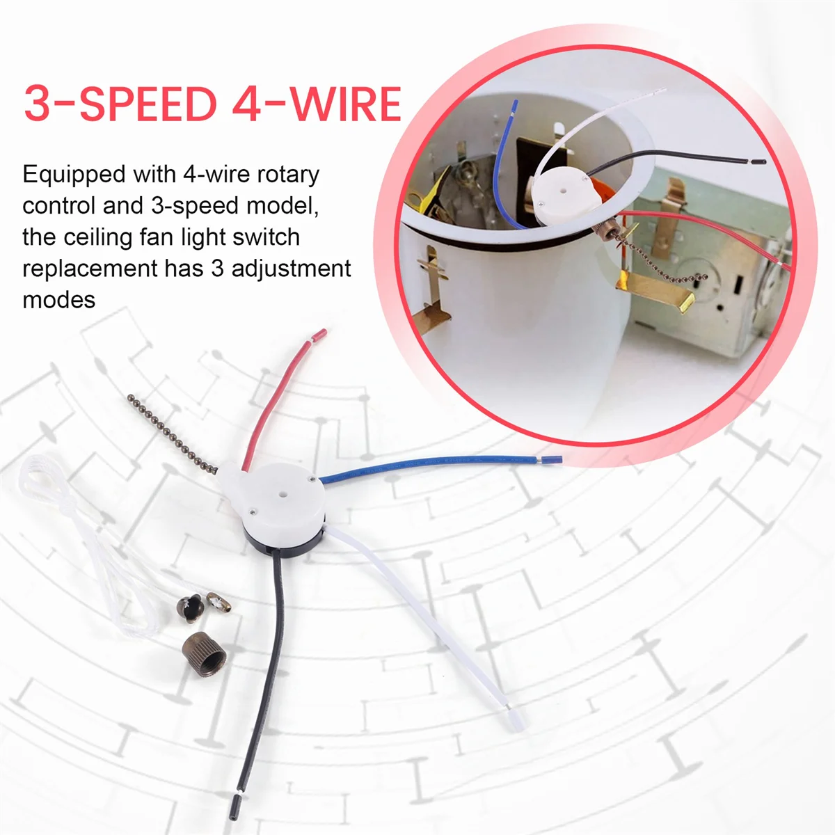 Ceiling Fan Switch Kit 3 Speed 4 Wire, Fan Switch Zipper Speed Control Switch, ZE-208S Pull Wire Switch with Rope Bronze