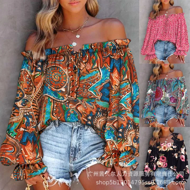 Women\'s Sexy Loose Print Pleated Blouse 2024 New Blouse Top Women\'s Fashion Flared Sleeves Off Shoulder Slash Neck Shirt