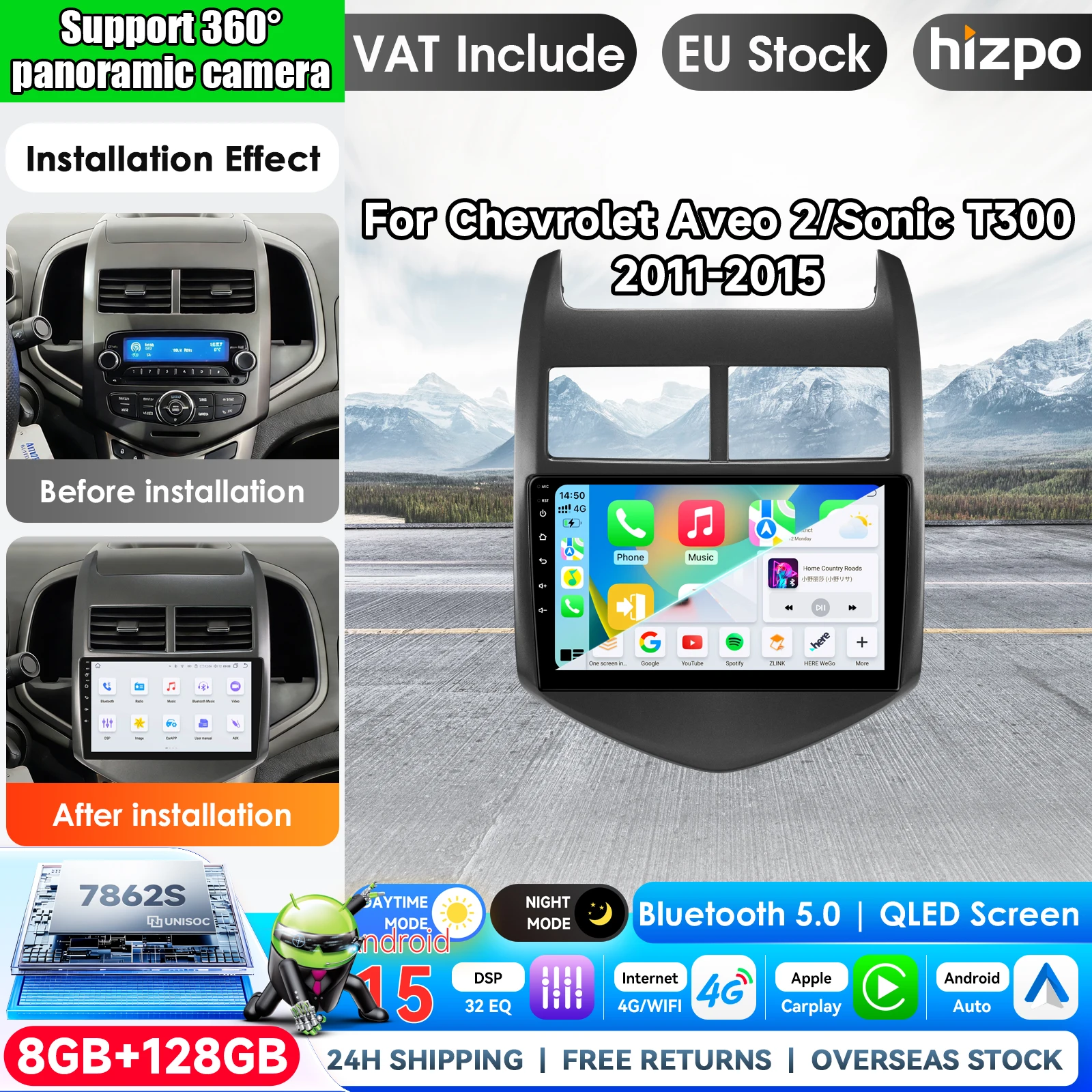 Für Chevrolet Aveo 2 Sonic T300 2011-2015 Autoradio Multimedia-Player Navigation GPS 2 DIN 2din Android 15 Autoradio CarPlay 2 DIN Systeme Stereo GPS SWC Bluetooth FM RDS DSP IPS-Bildschirm