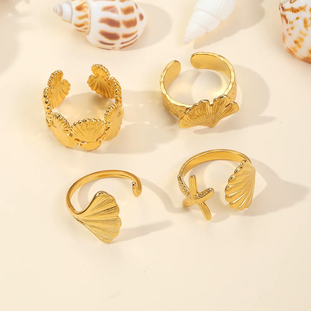 

4pcs/set Apricot Leaf Shell Starfish Open Ring for Women Luxury Trendy Jewelry Retro High-end Titanium Steel Adjustable Rings