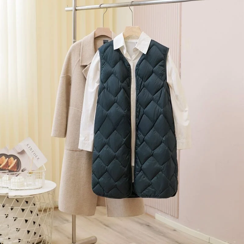 Gilet en duvet Du léger et chaud pour femme, gilet matelassé mi-long, blanc 90%, remplissage en duvet, fin, automne et hiver