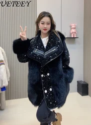 2023 Winter New Large Lapel Heavy Embroidery Sequins Thick Shiny Fur Coats Women Fashionable Long Faux Fur Coat Casacos Feminino