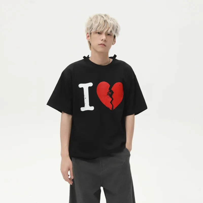 

SYUHGFA Summer Korean Style Men's Tees Round Neck Heart Printing Casual Tops Contrast Color Short Sleeved Male Pullover T-shirt