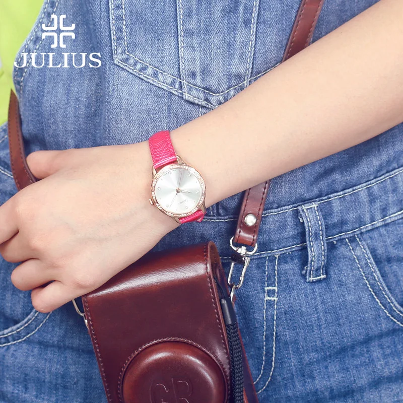 Hot Pink Julius Lady Women\'s Watch Japan Quartz Rhinestones Elegant Fashion Hours Real Leather Girl\'s Gift No Box
