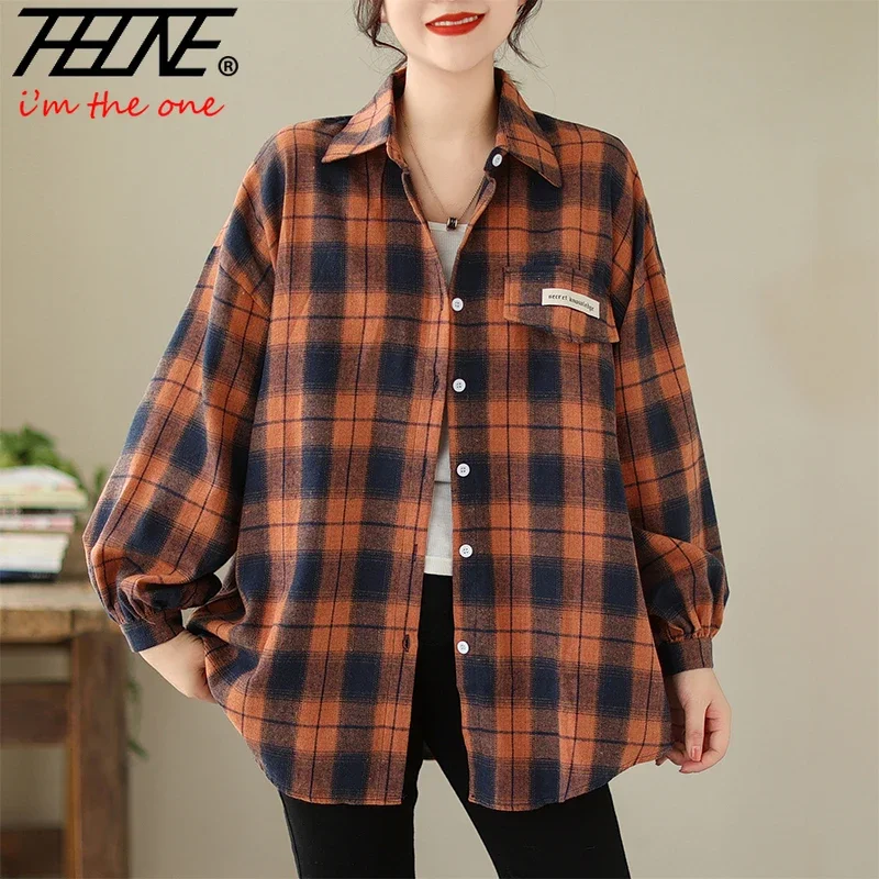 THHONE Autumn Winter Camisas De Mujer Blouse Plaid Women Shirt Vintage Casual Korean Long Sleeve Fashion Loose Women's Clothing