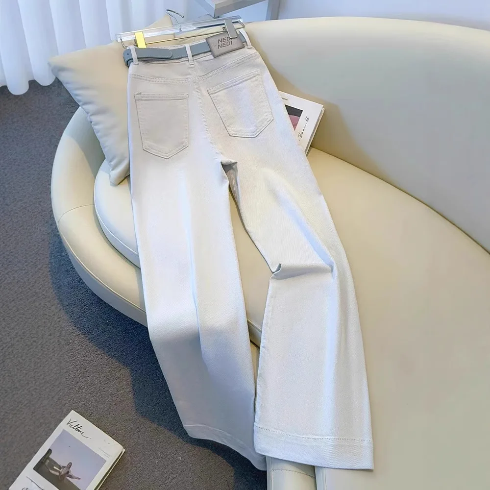 Jeans de perna larga cinza claro e branco feminino primavera 2025 novas calças de cintura alta estreitas e retas