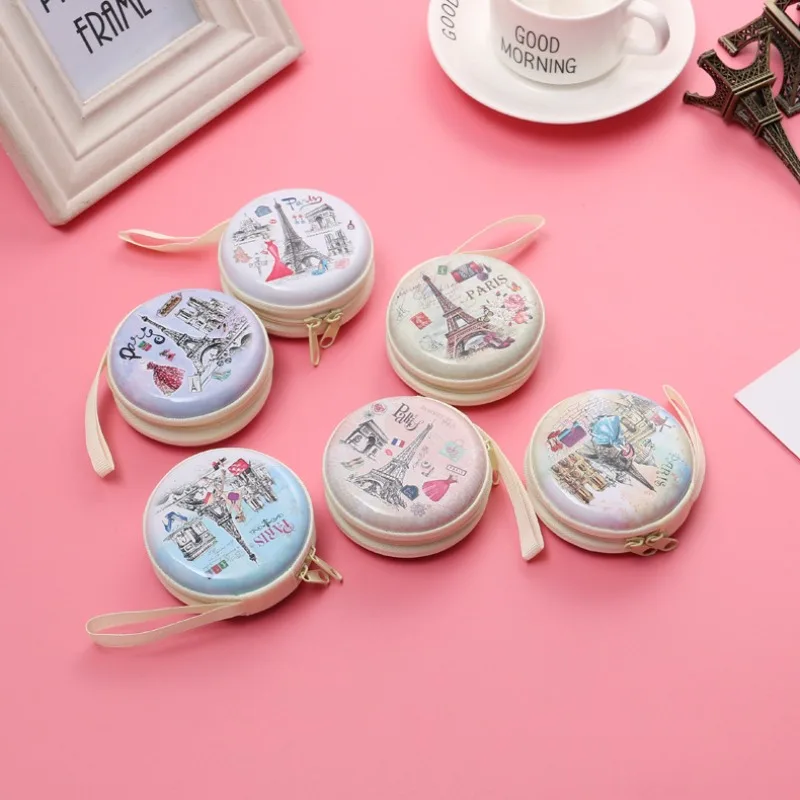 Coin Purses Cartoon Pattern Mini Tinplate Cute Round Shaped Korean Style Key Storage Bag Ring Zipper Earphone Kid Gift