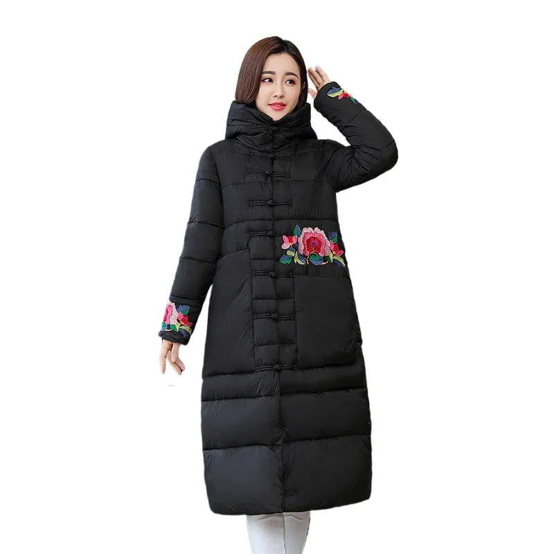 Winter cotton coat, women's coat, buttoned cotton jacket, medium to long style hooded buttoned embroidered cotton coat