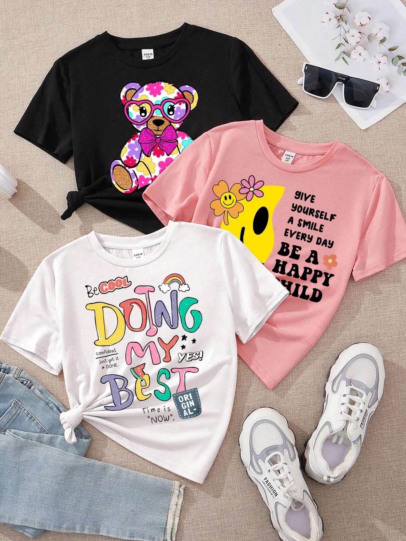 

3pcs Summer Short Sleeve Round Neck Tops For Tween Girls,Cartoon, Letter,Bear Patterns Funny T-Shirts In White,Pink,Black