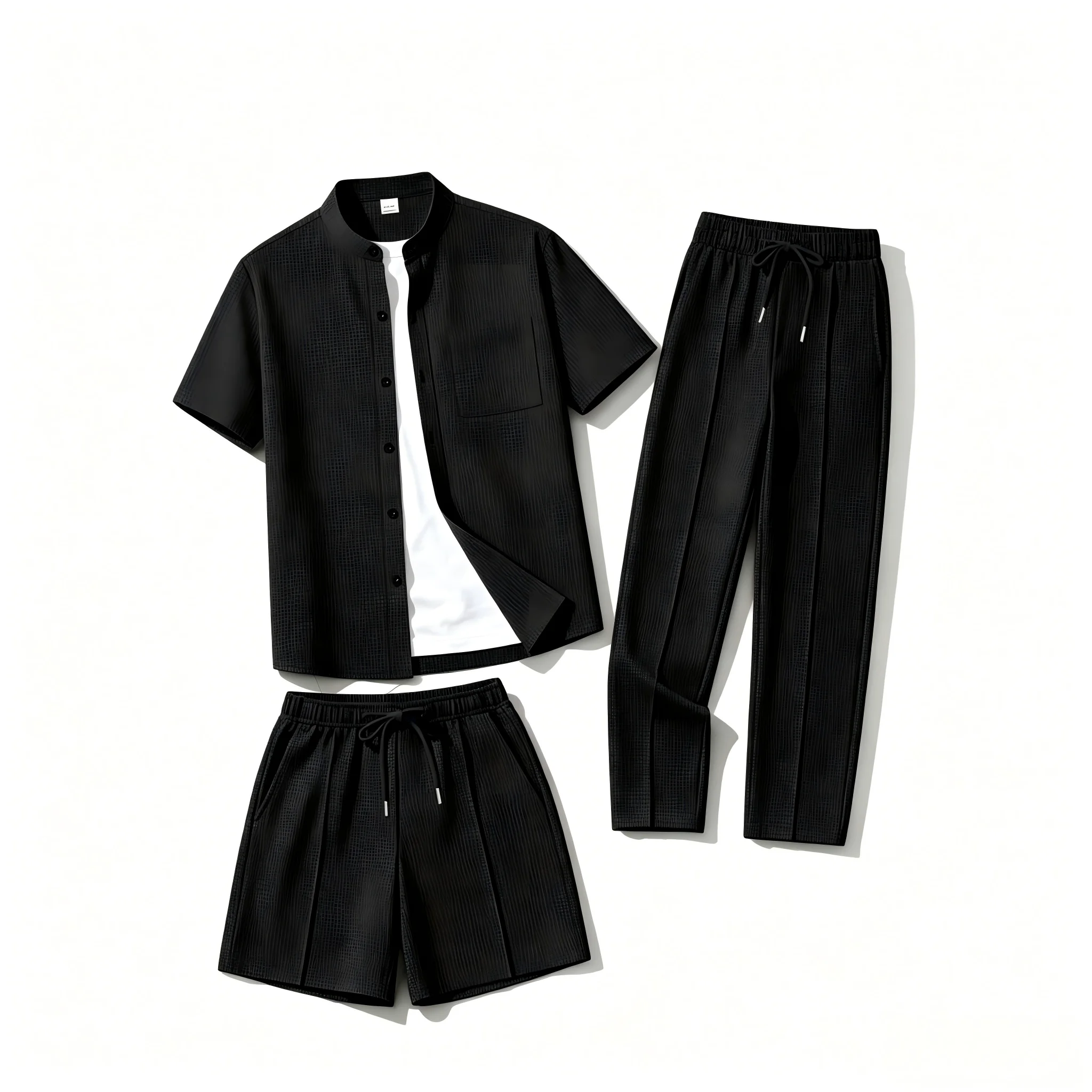 Image of 3-teiliges Herren-Set aus Waffelstoff im Casual-Stil, bestehend aus einem Hemd mit Stehkragen und kurzen Ärmeln, Shorts mit Kordelzug und langen Hosen.
