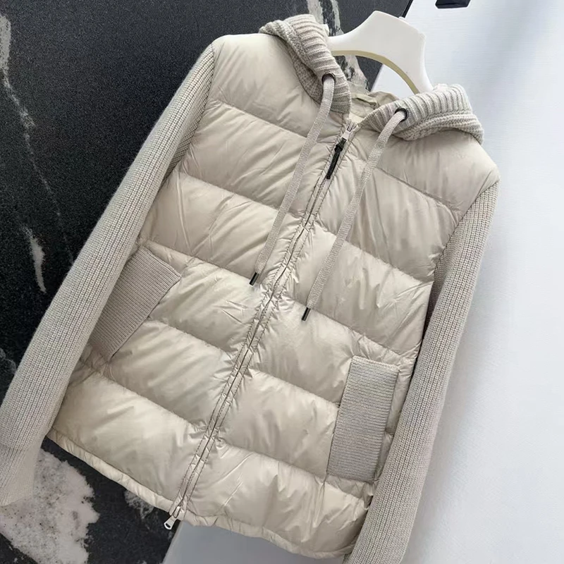 Dameswollen patchwork donsjack met capuchon, modieuze, casual en veelzijdige warme jas, hoge kwaliteit, herfst en winter,