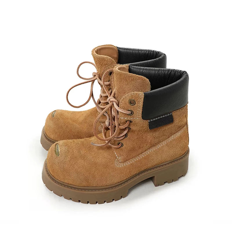 

New height increasing 7cm cow suede leather short boots for men with upturned head and metal decoration Mickey big yellow boots